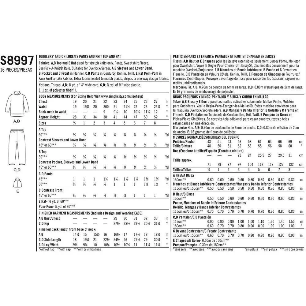 Simplicity Sewing Pattern 8997 10715 Toddlers‎ Pants Knit Top Hat Size 1/2-3